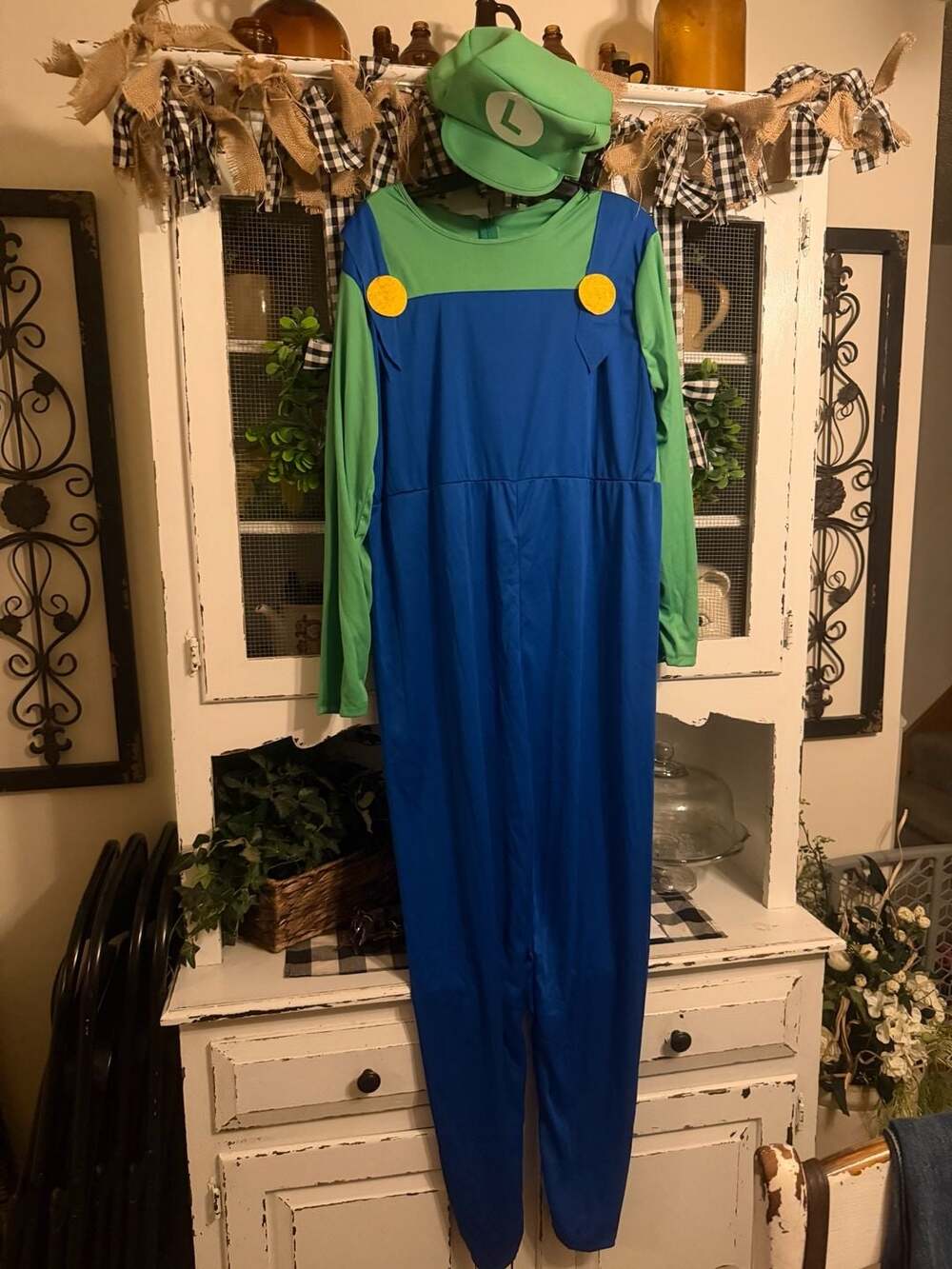 Luigi Costume Super Mario Bros Halloween Cosplay Jumpsuit Hat Gloves Large
